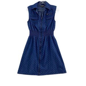 J Gee Chambray Polka‑Dot Zip Front Shirt Dress L